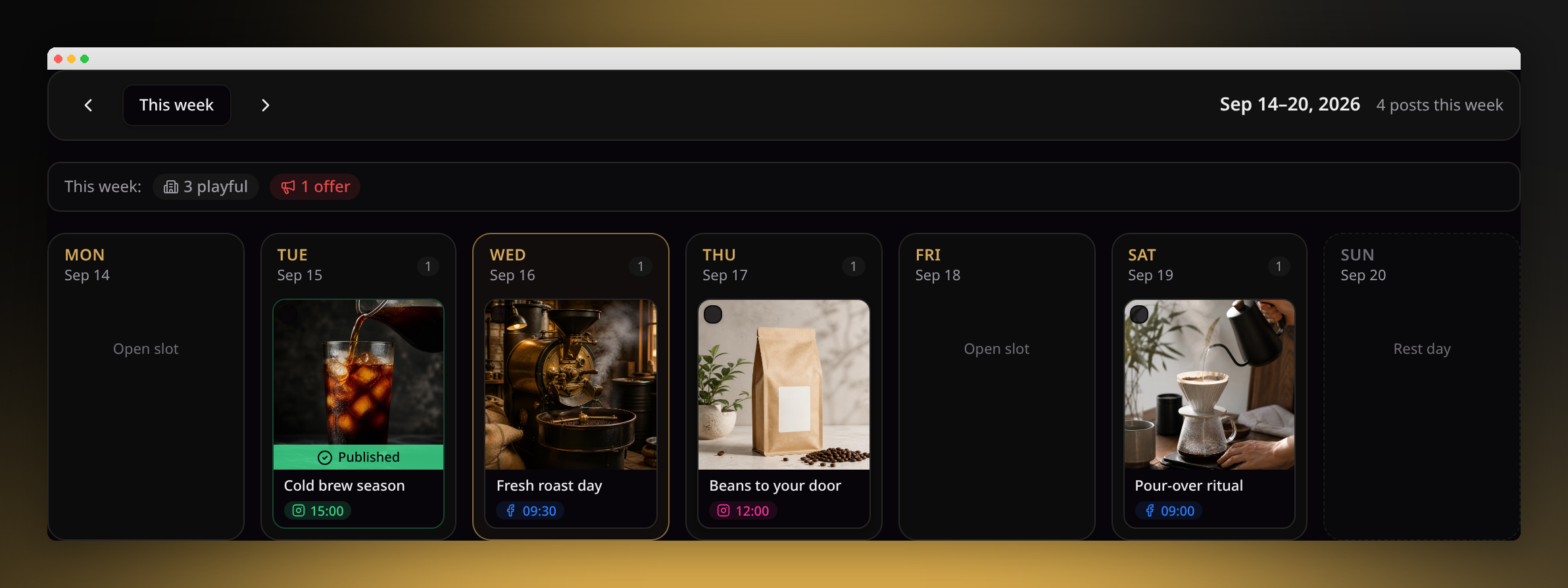 Kava & Co demo content calendar showing coffee posts published and scheduled across one week